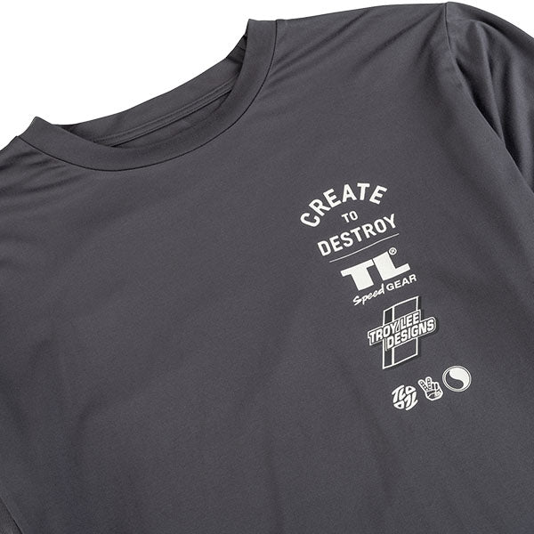 Clean studio shot of Troy Lee Designs Ruckus Destroy Long Sleeve Ride Tee (MTB); showing long-sleeve cut, printed graphics, and crew neckline