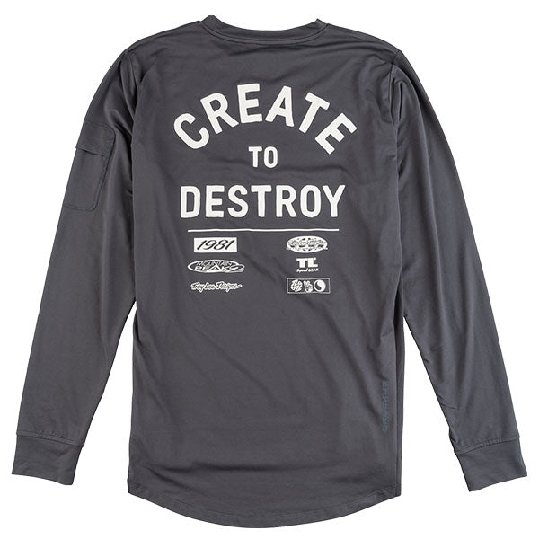 Studio photo on a white background of Troy Lee Designs Ruckus Destroy Long Sleeve Ride Tee (MTB); SKU 3711040; Colors: Carbon; Sizes: S-2XL