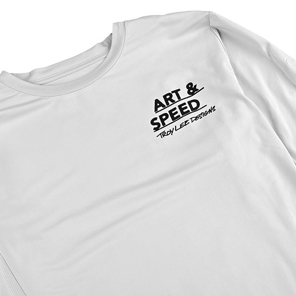 Studio photo on a white background of Troy Lee Designs Ruckus Art and Speed Long Sleeve Ride Tee (MTB); SKU 3710040; Colors: Mist; Sizes: S-2XL