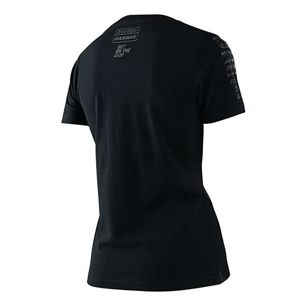 Professional studio photo of Troy Lee Designs GasGas Team Tee (Womens); showing tee fit, printed graphics, and crew neckline; SKU 7535990