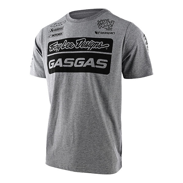 High-resolution studio image of Troy Lee Designs GasGas Team Tee; showing tee fit, printed graphics, and crew neckline; SKU 7015990; Sizes: S-2XL