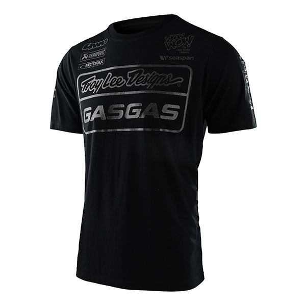 Professional studio photo of Troy Lee Designs GasGas Team Tee; showing tee fit, printed graphics, and crew neckline; SKU 7015990; Sizes: S-2XL