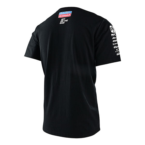 Studio photo on a white background of Troy Lee Designs GasGas Team Tee; showing tee fit, printed graphics, and crew neckline; SKU 7015990; Sizes: S-2XL