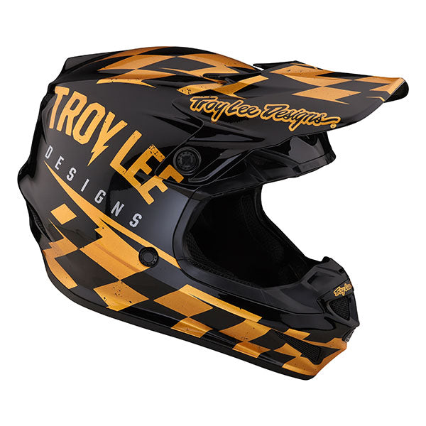 Image of Troy Lee Designs SKU 1090420 SE4 Polyacrylite Race Shop MIPS Helmet Size: XS Colors: Black/Gold (SKU 1090420)