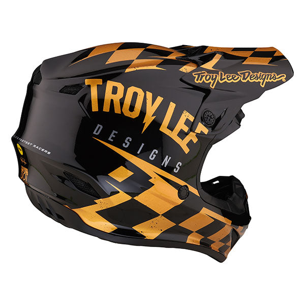 Image of Troy Lee Designs SKU 1090420 SE4 Polyacrylite Race Shop MIPS Helmet Size: XS Colors: Black/Gold (SKU 1090420)