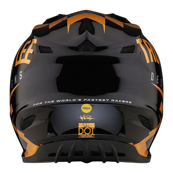 Image of Troy Lee Designs SKU 1090420 SE4 Polyacrylite Race Shop MIPS Helmet Size: XS Colors: Black/Gold (SKU 1090420)