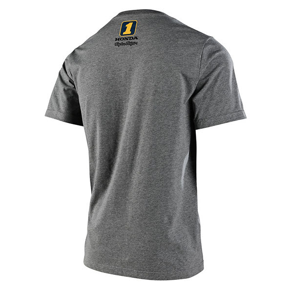 Clean studio shot of Troy Lee Designs Honda RS 750 Tee; showing tee fit, printed graphics, and crew neckline; SKU 7011490; Colors: Heather Grey, White