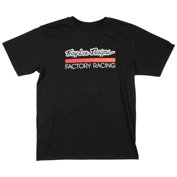 High-resolution studio image of Troy Lee Designs Factory Racing Tee; showing tee fit, printed graphics, and crew neckline; SKU 7016690; Sizes: S-2XL
