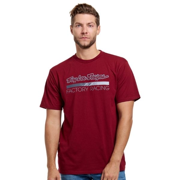 Crisp studio image on a white background of Troy Lee Designs Factory Racing Tee; showing tee fit, printed graphics, and crew neckline; SKU 7016690