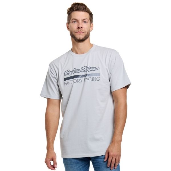 Professional studio photo of Troy Lee Designs Factory Racing Tee; showing tee fit, printed graphics, and crew neckline; SKU 7016690; Sizes: S-2XL