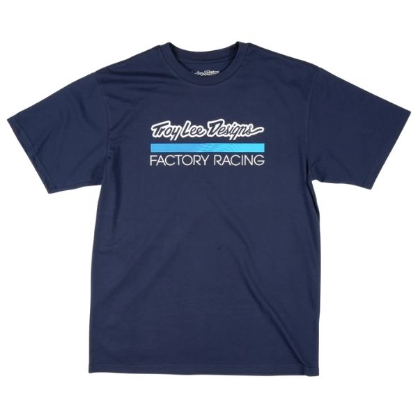 Studio photo on a white background of Troy Lee Designs Factory Racing Tee; showing tee fit, printed graphics, and crew neckline; SKU 7016690