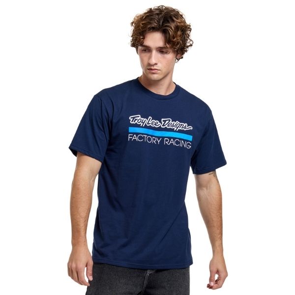 Clean studio shot of Troy Lee Designs Factory Racing Tee; showing tee fit, printed graphics, and crew neckline; SKU 7016690; Sizes: S-2XL