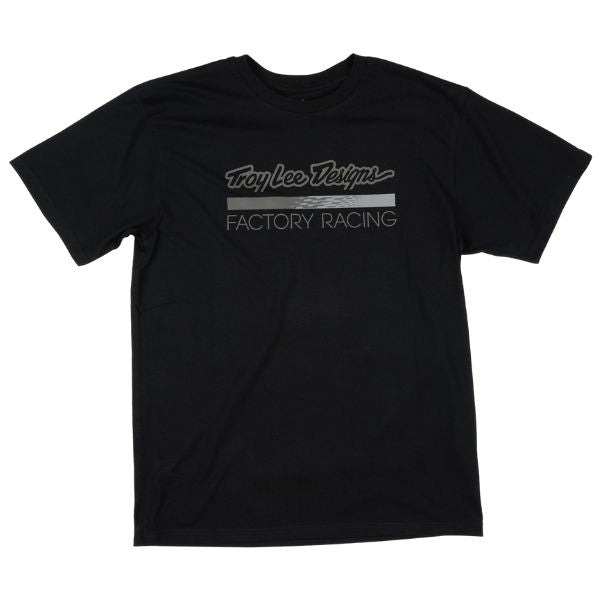 Crisp studio image on a white background of Troy Lee Designs Factory Racing Tee; showing tee fit, printed graphics, and crew neckline; SKU 7016690