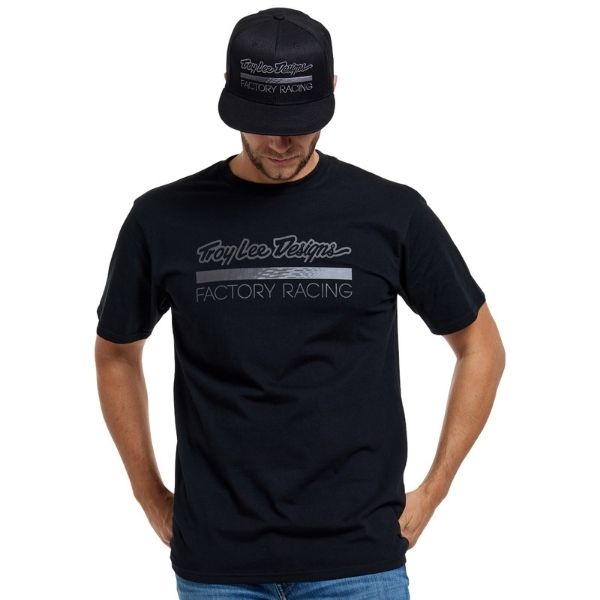 High-resolution studio image of Troy Lee Designs Factory Racing Tee; showing tee fit, printed graphics, and crew neckline; SKU 7016690; Sizes: S-2XL - alternate view