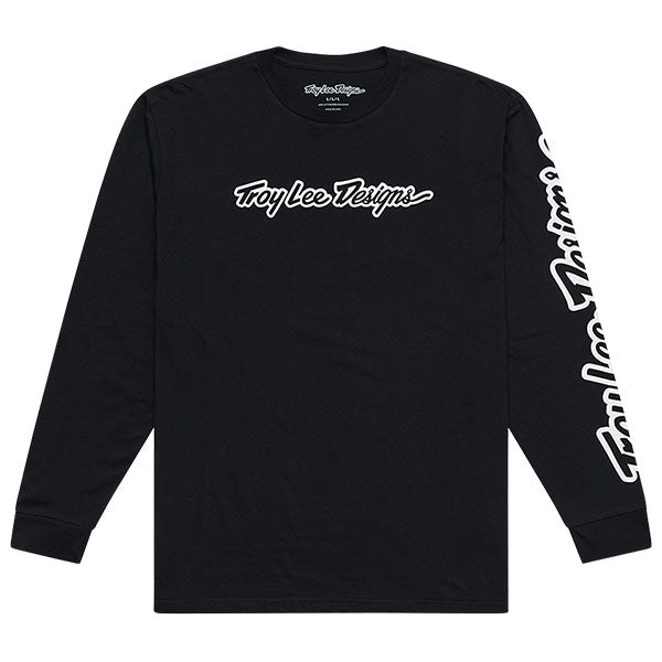 Studio photo on a white background of Troy Lee Designs Signature Long Sleeve Tee; showing long-sleeve cut, printed graphics, and crew neckline