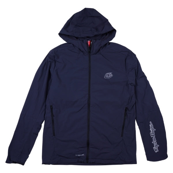 Troy Lee Designs Skyline Pro Mono mountain bike jacket in Carbon, front view showing the hood, full zipper, and color-blocked panels