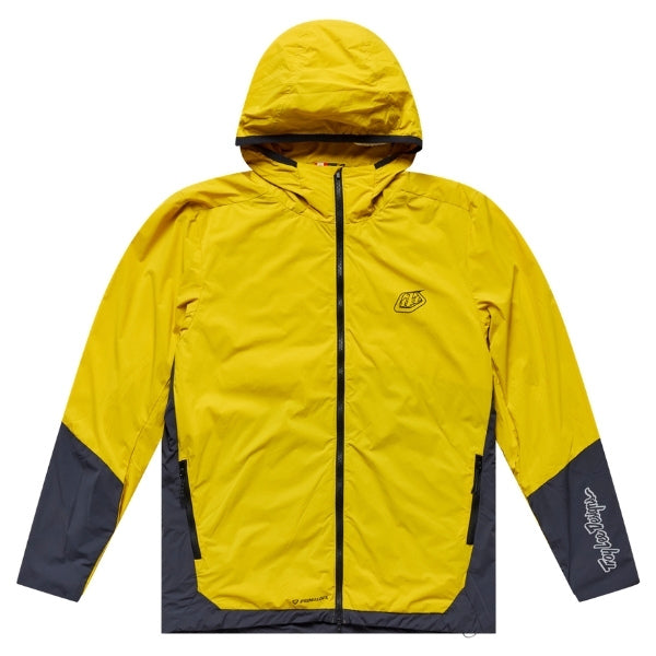 Troy Lee Designs Skyline Pro Mono mountain bike jacket in Acid, front view showing the hood, full zipper, and color-blocked panels