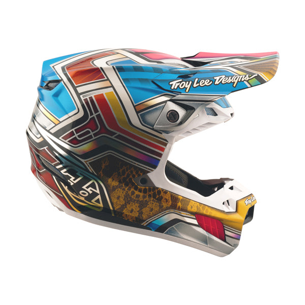 Clean studio shot of Troy Lee Designs - SE5 Carbon Lowrider MIPS Helmet; showing helmet shell shape and vent layout; SKU 1719680; Colors: Silver