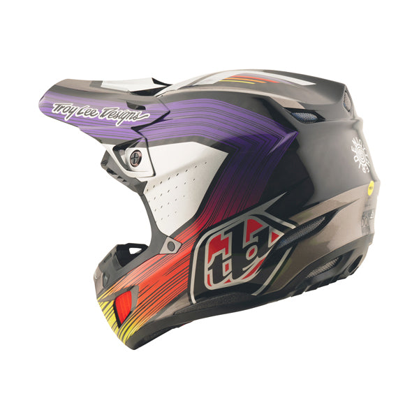 Clean studio shot of Troy Lee Designs - SE5 Carbon Stripes MIPS Helmet; showing helmet shell shape and vent layout; SKU 1712600; Colors: Black/Purple