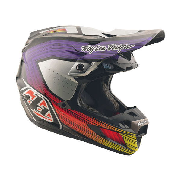 Studio photo on a white background of Troy Lee Designs - SE5 Carbon Stripes MIPS Helmet; showing helmet shell shape and vent layout; SKU 1712600