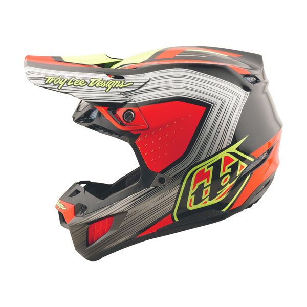 Clean studio shot of Troy Lee Designs - SE5 Composite Stripes MIPS Helmet; showing helmet shell shape and vent layout; SKU 1822600; Colors: Black/Infra Red