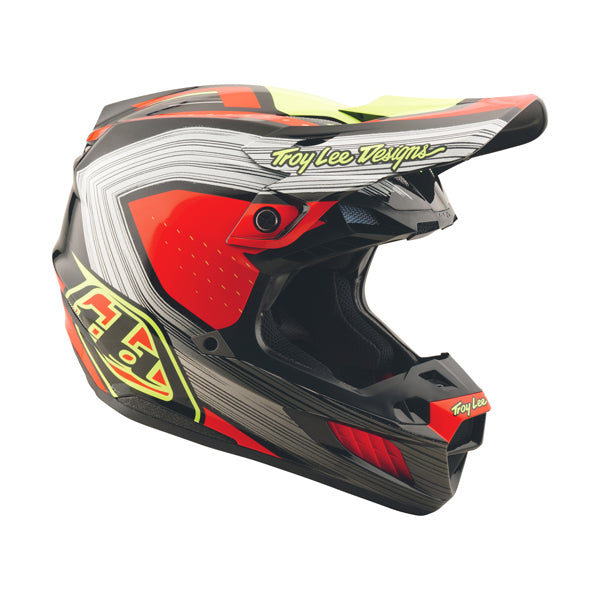 Clean studio shot of Troy Lee Designs - SE5 Composite Stripes MIPS Helmet; showing helmet shell shape and vent layout; SKU 1822600; Colors: Black/Infra Red