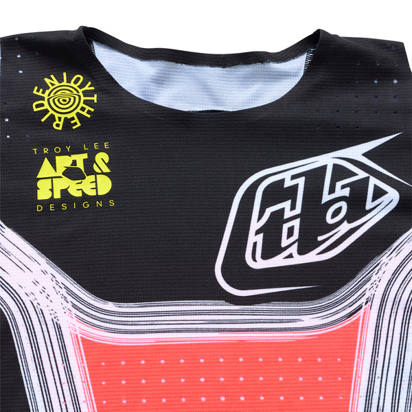 Crisp studio image on a white background of Troy Lee Designs - SE Pro Stripes Jersey (Youth); SKU 3932600; Colors: Infra Red/Black, Black/Multi