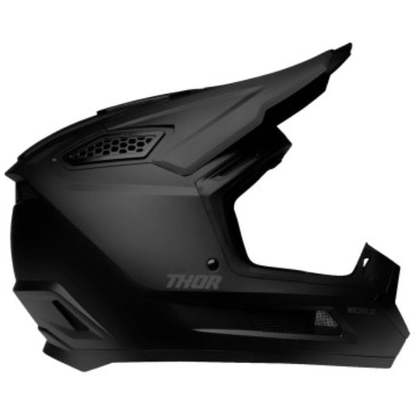 Studio view of Thor - Fleet Blackout Helmet (Youth) helmet helmet, in Matte Black, vented chin bar and intake ports, on a clean white background, (SKU 011116) Colors: Gloss Black, Matte Black Sizes: Y-LG, Y-MD, Y-SM