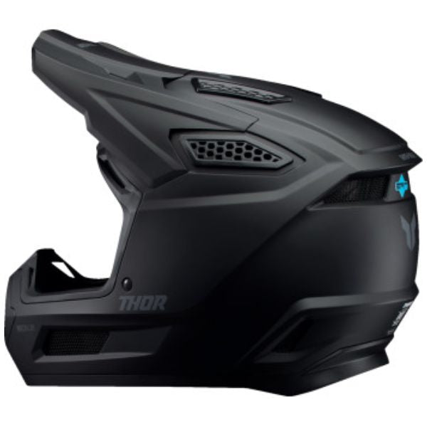 Studio view of Thor - Fleet Blackout Helmet (Youth) helmet helmet, vented chin bar and intake ports, on a clean white background, (SKU 011116) Colors: Gloss Black, Matte Black Sizes: Y-LG, Y-MD, Y-SM