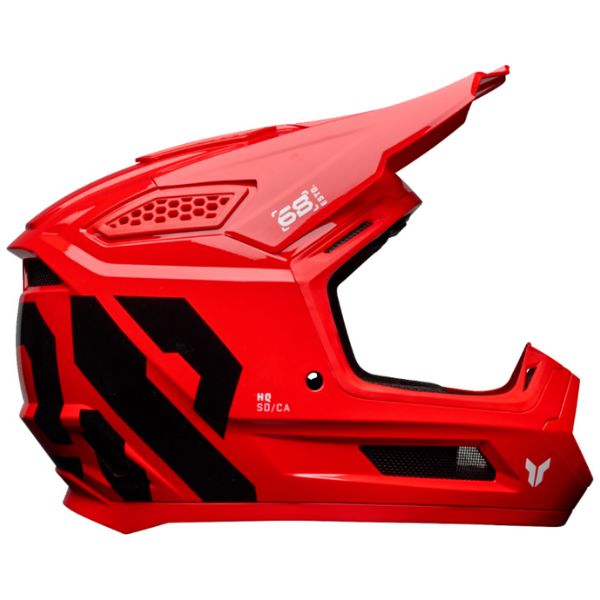 Studio view of Thor - Fleet Forge Helmet (Youth) helmet helmet, in Red, vented chin bar and intake ports, on a clean white background, (SKU 011116) Colors: Blue, Red Sizes: Y-LG, Y-MD, Y-SM