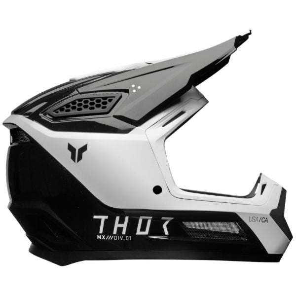 Studio view of Thor - Fleet Storm Helmet (Youth) helmet helmet, in Black and White, vented chin bar and intake ports, on a clean white background, (SKU 011116) Colors: Black and White, White and Navy Sizes: Y-LG, Y-MD, Y-SM