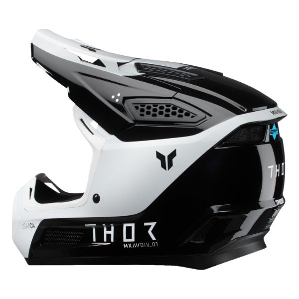 Studio view of Thor - Fleet Storm Helmet (Youth) helmet helmet, in White and Navy, vented chin bar and intake ports, on a clean white background, (SKU 011116) Colors: Black and White, White and Navy Sizes: Y-LG, Y-MD, Y-SM