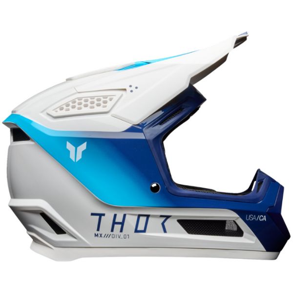 Studio view of Thor - Fleet Storm Helmet (Youth) helmet helmet, vented chin bar and intake ports, on a clean white background, (SKU 011116) Colors: Black and White, White and Navy Sizes: Y-LG, Y-MD, Y-SM