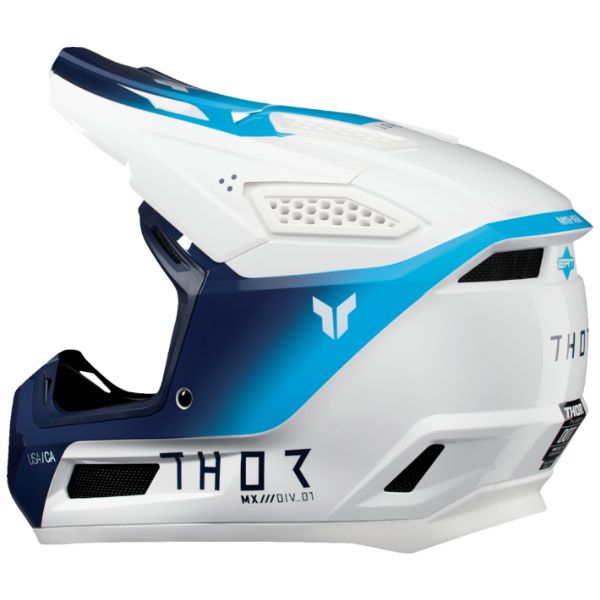 Studio view of Thor - Fleet Storm Helmet (Youth) helmet helmet, vented chin bar and intake ports, on a clean white background, (SKU 011116) Colors: Black and White, White and Navy Sizes: Y-LG, Y-MD, Y-SM