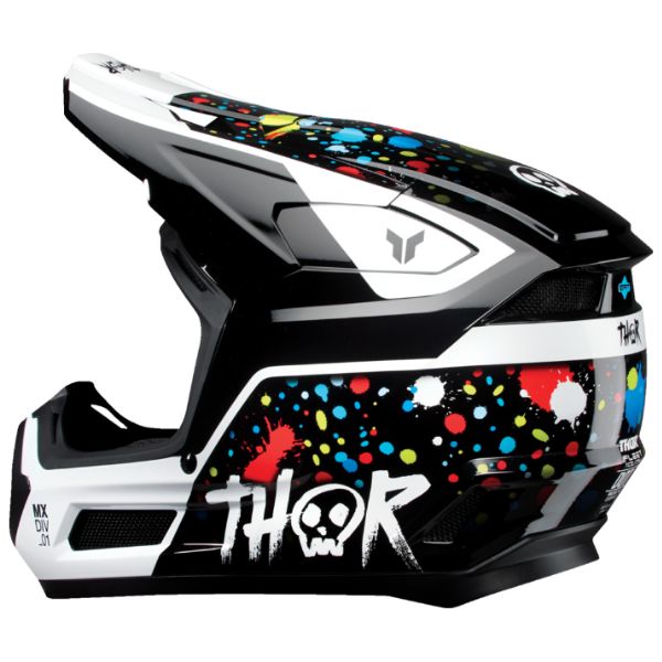 Studio view of Thor - Fleet Splat Helmet (Youth) helmet helmet, vented chin bar and intake ports, on a clean white background, (SKU 011116) Colors: Multi Sizes: Y-LG, Y-MD, Y-SM
