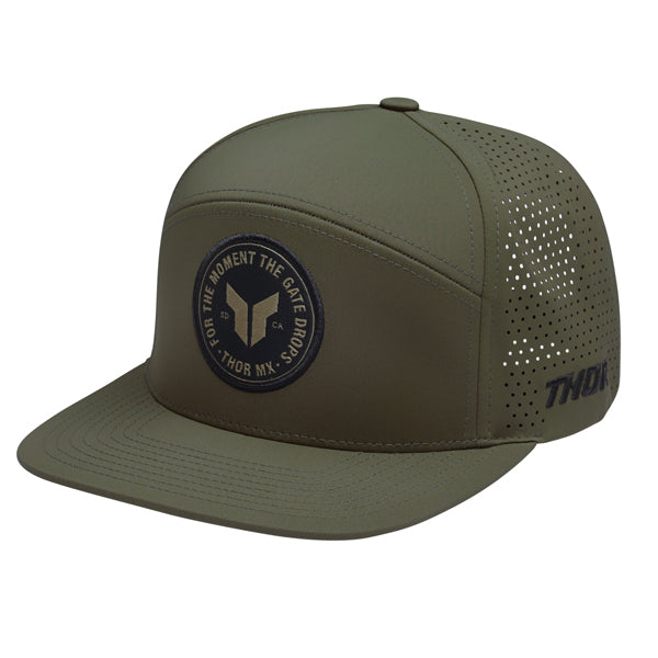 The Thor Badge Hat Sku 25014460 in Olive with design on Front of hat on a white background