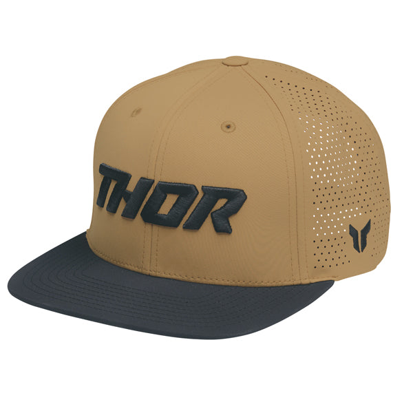 The Thor Corp Hat Sku 25014464 in Caramel with design on Front of hat on a white background