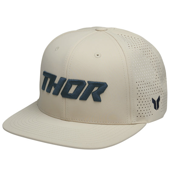 The Thor Corp Hat Sku 25014465 in Sand with design on Front of hat on a white background