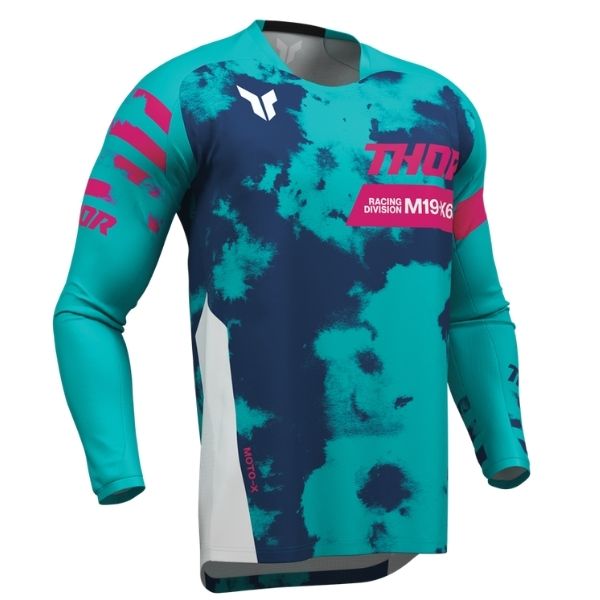 Front of Thor Launchmode Bleach Jersey Youth in White and Aqua with Thor Graphic on the left breast Sku 29122584 on a white background | SKU: 29122582 | Available at BTO Sports