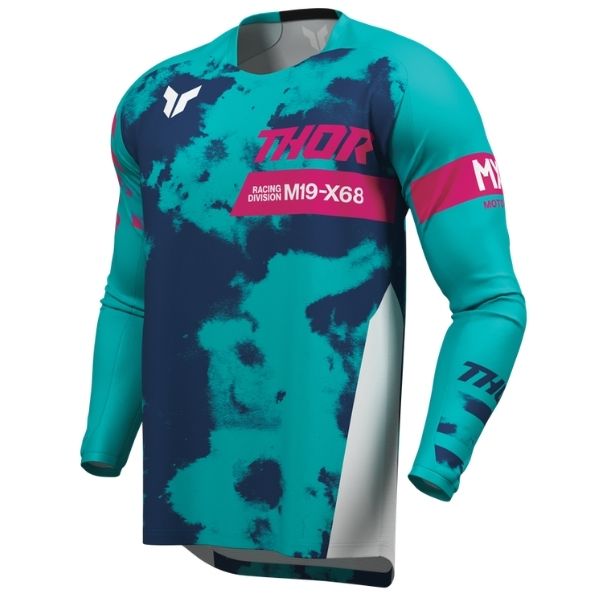 Front of Thor Launchmode Bleach Jersey Youth in White and Aqua with Thor Graphic on the left breast Sku 29122584 on a white background | SKU: 29122583 | Available at BTO Sports