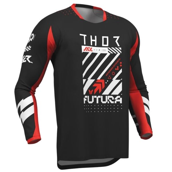 Front of Thor Launchmode Futura Jersey Youth in Black and Red with Thor Graphic on center Sku 29122590 on a white background | SKU: 29122600 | Available at BTO Sports