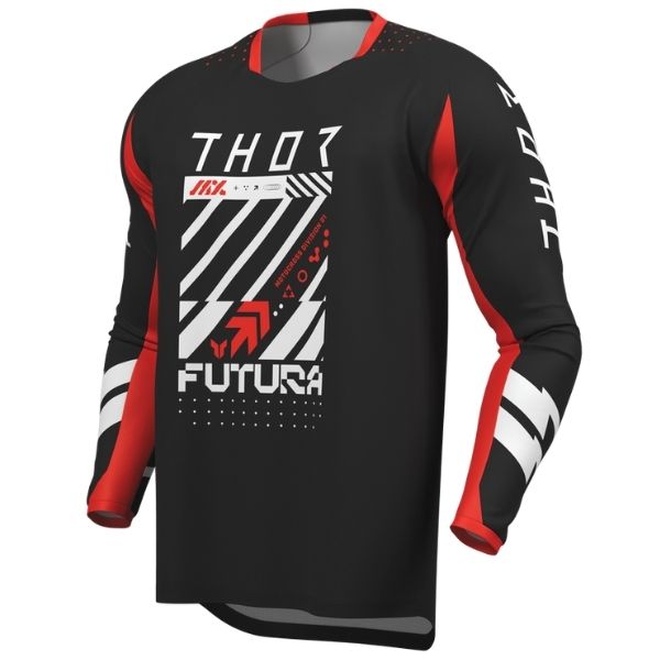 Front of Thor Launchmode Futura Jersey Youth in Black and Red with Thor Graphic on center Sku 29122590 on a white background | SKU: 29122601 | Available at BTO Sports