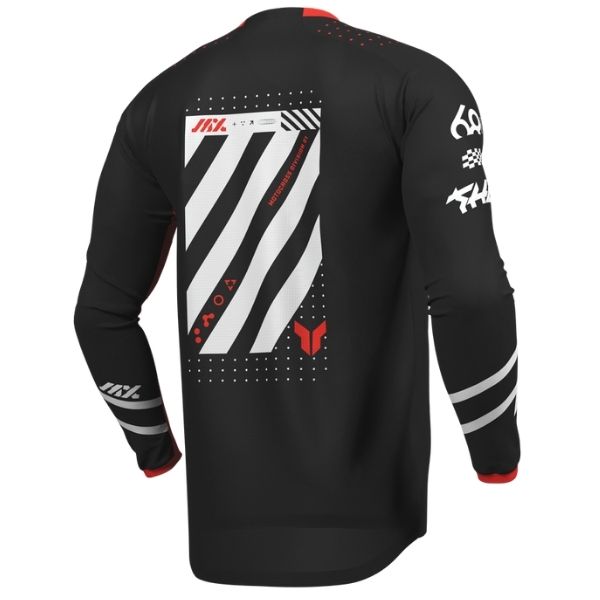 Back of Thor Launchmode Futura Jersey Youth in Black and Red with logo on center of the back Sku 29122590 on a white background | SKU: 29122590 | Available at BTO Sports