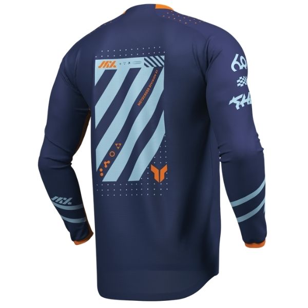 Back of Thor Launchmode Futura Jersey in Blue and Orange with logo on center of the back Sku 2910842 on a white background | SKU: 29108416 | Available at BTO Sports