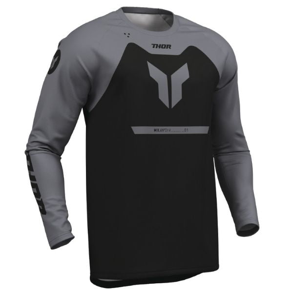 Front of Thor Ridemode Menace Jersey in Black and Grey with Thor Graphic on center Sku 29108713 on a white background | SKU: 29108703 | Available at BTO Sports