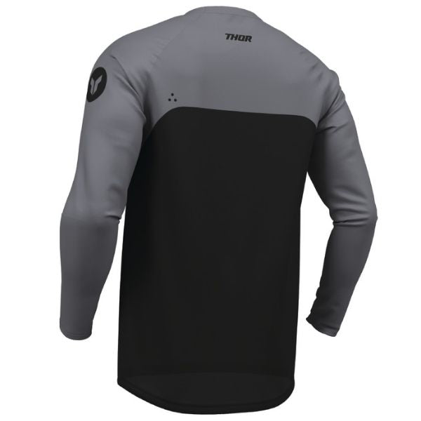 Back of Thor Ridemode Menace Jersey in Black and Grey with logo on center of the back just below the collar Sku 29108713 on a white background | SKU: 29108713 | Available at BTO Sports