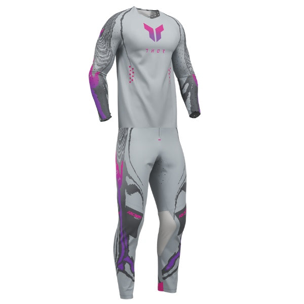 THOR Sportmode Damascus Jersey, Pant Combo in Gray, complete jersey-and-pants set shown from the front, featuring flowing marbled brushstroke graphics, contrasting sleeves or lower legs, and THOR shield logos. Available colors Aqua, White, Gray. - alternate view