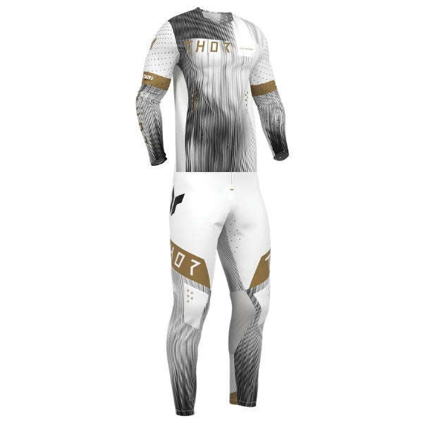 THOR Sportmode Vanish Jersey, Pant Combo in White/Black, complete jersey-and-pants set shown from the front, featuring a speckled color gradient with angular rib-like stripes and large THOR logos. Available colors Black/Purple, Black/Red, Gray/Deep Blue, White/Black. - alternate view