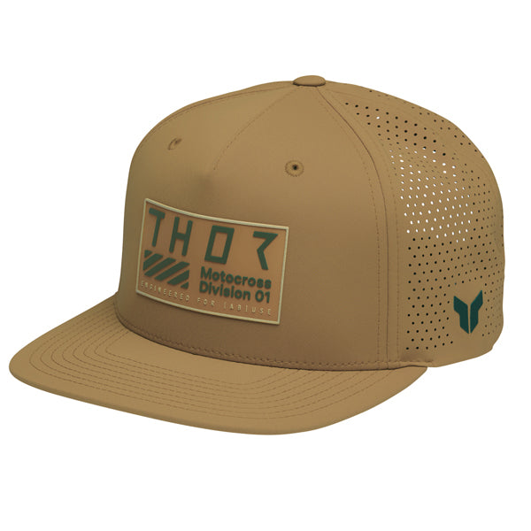 The Thor Stamp Hat Sku 25014456 in Caramel with design on Front of hat on a white background