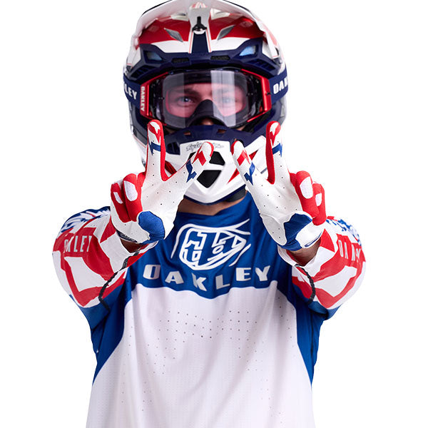 Product image of Troy Lee Designs BTO Sports 0009 TLD M24D2 SE ULTRA AIR GLOVE VISION WHITE BLU 04 9fc6d514 e5de 47b1 9ce5 b88079b5f8a6 motocross gloves showing fit, construction, and colorway | Available at BTO Sports
